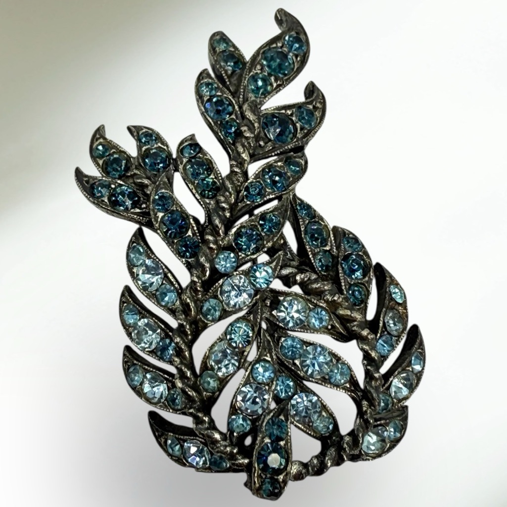 Rare Vintage Florenza Blue Rhinestone Leaf Spray Brooch Signed 1950s Statement 65$